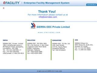 w w w . s i e r r a t e c . c o m
SIERRA ODC Private Limited
Thank You!
For more information please contact us at
info@sierratec.com
INDIA
SIERRA ODC Private Limited
188/1,Varadharaja Layout-1
PN Palayam Road, Ganapathy,
Coimbatore - 641 006.
Tel: +91-422-2567596
Fax: +91-422-2567445
USA/Canada +1 408 239 4819
USA
SIERRA Infosys Inc.
6001 Savoy Dr, Suite 210,
Houston TX 77036,
Tel: +1-713-747-9693
Fax: +1-509-351-6682
MALAYSIA
SIERRA ODC (M) SDN. BHD.
96-1, Biz Avenue, 2, Neo Cyber
Lingkaran Cyber Point Barat
63000, Cyberjaya,
Selangor, Malaysia
Tel: +603-8320-2080
Fax:+603-8320-2082
SINGAPORE
SIERRA ODC (S) Pte. Ltd.
#20, Cecil Street,
#14-01, Equity Plaza
Singapore 049705
Tel: +65 97334623
 