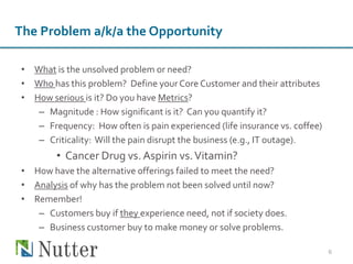 The Problem a/k/a the Opportunity

 • What is the unsolved problem or need?
 • Who has this problem? Define your Core Customer and their attributes
 • How serious is it? Do you have Metrics?
    – Magnitude : How significant is it? Can you quantify it?
    – Frequency: How often is pain experienced (life insurance vs. coffee)
    – Criticality: Will the pain disrupt the business (e.g., IT outage).
         • Cancer Drug vs. Aspirin vs. Vitamin?
 • How have the alternative offerings failed to meet the need?
 • Analysis of why has the problem not been solved until now?
 • Remember!
    – Customers buy if they experience need, not if society does.
    – Business customer buy to make money or solve problems.

                                                                             6
 