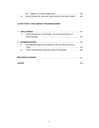 8
8.2.3 SOBRE EL FACTOR CURRÍCULUM………………………………………. 586
8.3 CONCLUSIONES DEL ANÁLISIS Y DISCUSIÓN DE LOS RESULTADOS……. 609
CUARTA PARTE: CONCLUSIONES Y RECOMENDACIONES
1 CONCLUSIONES……………………………………………………………………………… 621
1.1 CONCLUSIONES DE LA HIPOTESIS Y DE LOS OBJETIVOS DE LA
INVESTIGACIÓN……………………………………………................................... 621
2 RECOMENDACIONES……………………………………………………………………….. 631
2.1 RECOMENDACIONES RELACIONADAS CON LOS OBJETIVOS DE LA
TESIS………………………………………………………………………………...... 631
2.2 OTRAS RECOMENDACIONES DE CARÁCTER GENERAL………………….. 636
BIBLIOGRAFÍA GENERAL……………………………………………………………………….. 641
ANEXOS 685
 