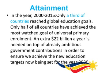 Attainment
• In the year, 2000-2015:Only a third of
countries reached global education goals.
Only half of all countries have achieved the
most watched goal of universal primary
enrolment. An extra $22 billion a year is
needed on top of already ambitious
government contributions in order to
ensure we achieve the new education
targets now being set for the year 2030.
 
