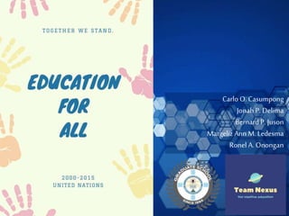 Carlo O.Casumpong
Jonah P. Delima
Bernard P.Juson
Margeliz Ann M. Ledesma
Ronel A. Onongan
 