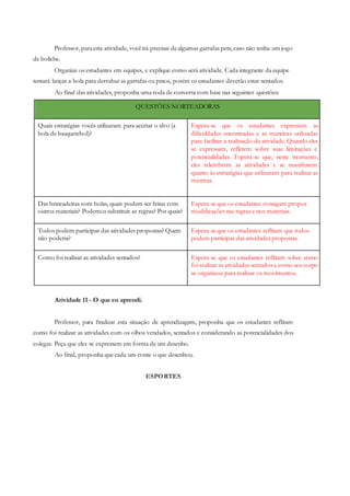 Professor, paraesta atividade, vocêirá precisar dealgumas garrafas pets, caso não tenha um jogo
de boliche.
Organize os estudantes em equipes, e explique como será atividade. Cada integrante da equipe
tentará lançar a bola para derrubar as garrafas ou pinos, porém os estudantes deverão estar sentados.
Ao final das atividades, proponha uma roda de conversa com base nas seguintes questões:
QUESTÕES NORTEADORAS
Quais estratégias vocês utilizaram para acertar o alvo (a
bola de basquetebol)?
Espera-se que os estudantes expressem as
dificuldades encontradas e as maneiras utilizadas
para facilitar a realização da atividade. Quando eles
se expressam, refletem sobre suas limitações e
potencialidades. Espera-se que, neste momento,
eles relembrem as atividades e se manifestem
quanto às estratégias que utilizaram para realizar as
mesmas.
Das brincadeiras com bolas, quais podem ser feitas com
outros materiais? Podemos substituir as regras? Por quais?
Espera-se que os estudantes consigam propor
modificações nas regras e nos materiais.
Todos podem participar das atividades propostas? Quem
não poderia?
Espera-se que os estudantes reflitam que todos
podem participar das atividades propostas.
Como foi realizar as atividades sentados? Espera-se que os estudantes reflitam sobre como
foi realizar as atividades sentados e como seu corpo
se organizou para realizar os movimentos.
Atividade 11 - O que eu aprendi.
Professor, para finalizar esta situação de aprendizagem, proponha que os estudantes reflitam
como foi realizar as atividades com os olhos vendados, sentados e considerando as potencialidades dos
colegas. Peça que eles se expressem em forma de um desenho.
Ao final, proponha que cada um conte o que desenhou.
ESPORTES
 