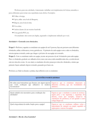 Professor, para esta atividade, é interessante trabalhar com implementos de formas, tamanhos e
pesos diferentes para tornar essa experiência mais efetiva. Exemplos:
➔ Utilize a bexiga;
➔ Após, utilize uma bola de Basquete;
➔ Depois, uma bola de tênis;
➔ Um colete;
➔ Ambos dentro de um mesmo bambolê.
➔ Uma garrafa PET, etc.
Os estudantes irão correr em duplas, segurando o implemento indicado por você.
Atividade 4 - Correndo com obstáculos.
Etapa 1 - Professor, organize os estudantes em equipes de até 5 pessoas, faça um percurso com diferentes
obstáculos, utilize colchonetes, cones, garrafas etc. O primeiro de cada equipe corre e salta os obstáculos,
retorna apenas correndo, assim que chegar o próximo de sua equipe sai correndo.
Etapa 2 - Com os estudantes ainda em equipe, monte um percurso de até 4obstáculos para cada equipe.
Para os obstáculos, poderão ser utilizados dois cones com uma corda estendida entre eles, a corda deverá
está em cima dos cones. Ao seu sinal, os estudantes deverão passar por cima dos obstáculos, oriente que
primeiro façam andando depois correndo, passando por baixo etc.
Professor, ao final ou durante a prática, faça reflexões com os estudantes-
QUESTÕES NORTEADORAS
De todas essas brincadeiras que fizeram, tem algum esporte
que vocês conheçam que utilizamos os mesmos
movimentos?
Espera-se que os estudantes relacionem as
diferentes corridas, que são modalidades do
atletismo.
Quais cuidados são necessários para a realização das
atividades?
Espera-se que o estudante se atente às normas e
regras para a sua segurança e segurança dos
demais, como por exemplo, atentar-se às
orientações do professor, só sair quando o outro
colega chegar etc.
Qual a importância da minha função para a equipe? Espera-se que os estudantes reflitam sobre a
importância de cumprir seu papel, seguindo as
regras para o sucesso da equipe.
Atividade 5 - Me dá o Seu Cantinho?
 
