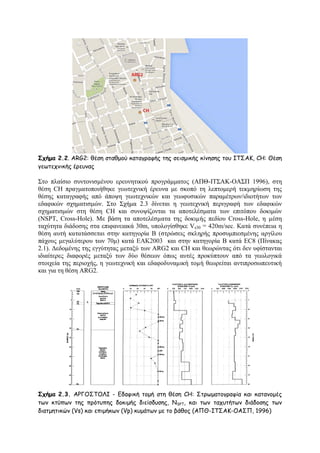Σχήμα 2.2. ARG2: ζέζε ζηαζμμύ θαηαγναθήξ ηεξ ζεηζμηθήξ θίκεζεξ ημο ΙΣ΢ΑΚ, CH: Θέζε
γεςηεπκηθήξ ένεοκαξ

΢ην πιαίζην ζπληνληζκέλνπ εξεπλεηηθνχ πξνγξάκκαηνο (ΑΠΘ-IΣ΢ΑΚ-ΟΑ΢Π 1996), ζηε
ζέζε CH πξαγκαηνπνηήζεθε γεσηερληθή έξεπλα κε ζθνπφ ηε ιεπηνκεξή ηεθκεξίσζε ηεο
ζέζεο θαηαγξαθήο απφ άπνςε γεσηερληθψλ θαη γεσθπζηθψλ παξακέηξσλ/ηδηνηήησλ ησλ
εδαθηθψλ ζρεκαηηζκψλ. ΢ην ΢ρήκα 2.3 δίλεηαη ε γεσηερληθή πεξηγξαθή ησλ εδαθηθψλ
ζρεκαηηζκψλ ζηε ζέζε CH θαη ζπλνςίδνληαη ηα απνηειέζκαηα ησλ επηηφπνπ δνθηκψλ
(ΝSPT, Cross-Hole). Με βάζε ηα απνηειέζµαηα ηεο δνθηµήο πεδίνπ Cross-Hole, ε µέζε
ηαρχηεηα δηάδνζεο ζηα επηθαλεηαθά 30m, ππνινγίζζεθε Vs30
B θαηά EC8 (Πίλαθαο
2.1). Γεδνκέλεο ηεο εγγχηεηαο κεηαμχ ησλ ARG2 θαη CH θαη ζεσξψληαο φηη δελ πθίζηαληαη
ηδηαίηεξεο δηαθνξέο µεηαμχ ησλ δχν ζέζεσλ φπσο απηέο πξνθχπηνπλ απφ ηα γεσινγηθά
ζηνηρεία ηεο πεξηνρήο, ε γεσηερληθή θαη εδαθνδπλαµηθή ηνµή ζεσξείηαη αληηπξνζσπεπηηθή
θαη γηα ηε ζέζε ARG2.

Σχήμα 2.3. ΑΡΓΟ΢ΣΟΛΙ - Γδαθηθή ημμή ζηε ζέζε CH: ΢ηνςμαημγναθία θαη θαηακμμέξ
ηςκ θηύπςκ ηεξ πνόηοπεξ δμθημήξ δηείζδοζεξ, ΝSPT, θαη ηςκ ηαποηήηςκ δηάδμζεξ ηςκ
δηαημεηηθώκ (Vs) θαη επημήθςκ (Vp) θομάηςκ με ημ βάζμξ (ΑΠΘ-ΙΣ΢ΑΚ-ΟΑ΢Π, 1996)

 