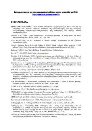 Τα ψηφιακά αρχεία των καταγραφών είναι διαθέσιμα από την ιστοσελίδα του ΙΤΣΑΚ:
http://www.itsak.gr/news/news/65

ΒΙΒΛΙΟΓΡΑΦΙΑ
ΑΠΘ-IΣ΢ΑΚ-ΟΑ΢Π (1996). Σειηθή έθζεζε εξεπλεηηθνχ πξνγξάκκαηνο κε ηίηιν «Μειέηε ηεο
επίδξαζεο ησλ ηνπηθψλ εδαθηθψλ ζπλζεθψλ ηεο γεσκνξθνινγίαο θαη ηεο δπλακηθήο
αιιειεπίδξαζεο εδάθνπο-ζεκειίσζεο-αλσδνκήο ζηηο θαηαγξαθέο ηνπ εζληθνχ δηθηχνπ
επηηαρπλζηνγξάθσλ.
Dercourt et al. (1980). Grèce. Introduction à la géologie générale. 26 Cong. Géol. Int. Paris.
Excursions 160c-162c, Livret Guide, G12, 159p, Paris
EC-8, EUROCODE No 8, “Structures in seismic regions”, Commission of the European
Communities, 1989.
Hoek E., Carranza Torres C.T., and Corkum B. (2002) “Hoek – Brown failure criterion - 2002
edition”, Proc. North American Rock Mechanics Society meeting in Toronto in July 2002
Kashima T. (2005): ViewWave, Building Research Institute, Tsukuba, Japan.
RocLab (V1.001, 2002). http://www.rocscience.com
Rovithis, E. & K. Pitilakis (2011). Seismic performance and rehabilitation of old stone bridges in
earthquake-prone areas: the case of debosset bridge in Greece. Proc. IBSBI 2011, October 13-15,
2011, Athens, Greece
Scordilis, E. M., G. F. Karakaisis, B. G. Karakostas, D. G. Panagiotopoulos, P. E. Comninakis, and B.
C. Papazachos (1985). Evidence for transform faulting in the Ionian Sea: the Cephalonia Island
earthquake sequence, Pure Appl. Geophys., 123, 388–397.
ΔΑΚ2003, Διιεληθφο Αληηζεηζκηθφο Καλνληζκφο ΟΑ΢Π, Αζήλα, 2003
Δξεπλεηηθφ Πξφγξακκα ΟΑ΢Π, (1996). Μειέηε ηεο επίδξαζεο ησλ ηνπηθψλ εδαθηθψλ ζπλζεθψλ ηεο
γεσκνξθνινγίαο θαη ηεο δπλακηθήο αιιειεπίδξαζεο εδάθνπο-ζεκειίσζεο-αλσδνκήο ζηηο
ελφξγαλεο θαηαγξαθέο ηνπ εζληθνχ δηθηχνπ επηηαρπλζηνγξάθσλ, ζέζε Λεπθάδα, Δπηζη. Τπ. Καζ.
Κπξηαδήο Πηηηιάθεο.
ΔC8, Δπξσθψδηθαο 8. Αληηζεηζκηθφο ζρεδηαζκφο ησλ θαηαζθεπψλ – Μέξνο 1: Γεληθνί θαλφλεο,
ζεηζκηθέο δξάζεηο θαη θαλφλεο γηα θηίξηα, ΔΝ1998-1, ΔΛΟΣ2004.
Η.Γ.Μ.Δ. (1963). Γεσινγηθφο ράξηεο, θχιιν «Λεπθάδα» θι. 1:50.000
Καηζίθαηζνπ Γ.Υ. (1992). «Γεσινγία ηεο Διιάδνο», 451 ζει., Αζήλα
ΟΜΟΔ (2003), «Γεσινγηθέο θαη Γεσηερληθέο Έξεπλεο θαη Μειέηεο», Σεχρνο 11, ΤΠΔΥΩΓΔ, ΓΓΓΔ,
Δηδηθή Δπηηξνπή Δπεμεξγαζίαο Θεκάησλ Γηεπξσπατθνχ Γηθηχνπ.
Ο΢ΜΔΟ (Αλαζ. Α3, 2001) «Οδεγίεο ΢χληαμεο Μειεηψλ Έξγσλ Οδνπνηίαο» ηεο Δ.Ο.Α.Δ.
Papazachos B. and C. Papazachou (1997). The earthquakes of Greece, Ziti Publ. Co., 304
Παπαδάρνο Β. θαη Κ. Παπαδάρνπ (2003). Οη ζεηζκνί ηεο Διιάδαο, Δθδφζεηο Εήηε, ζει. 286.
Παπαδάρνο Β.Κ., Μνπληξάθεο Γ.Μ., Παπαδάρνο Κ.Β., Σξαλφο Μ.Γ., Καξαθαίζεο Γ.Φ. θαη
΢αββατδεο Α.΢. (2001). Σα ξήγκαηα πνπ πξνθάιεζαλ ηνπο γλσζηνχο ηζρπξνχο ζεηζκνχο ζηελ
Διιάδα θαη ηε γχξσ πεξηνρή απφ ην 5ν αηψλα π.Υ. κέρξη ζήκεξα, Πξαθη. 2νπ Παλ. ΢πλ.
Αληηζεηζκ. Μερ. Σερλ. ΢εηζκ., Ννεκ. 28-30, 2001, Θεζζαινλίθε, Α, 17-26.
Πηηηιάθεο Κ. θαη ζπλεξγάηεο (2006) «Μειέηε Απνθαηάζηαζεο θαη Δλίζρπζεο ηεο Γέθπξαο De Bosset
ζην Αξγνζηφιη Κεθαινληάο», Τπνπξγείν Πνιηηηζκνχ, ΓΑΒΜΜ

 