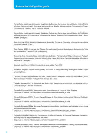Alonso, Luísa, Luís Imaginário, Justino Magalhães, Guilhermina Barros, José Manuel Castro, António Osório
e Fátima Sequeira (2000). Educação e Formação de Adultos: Referencial de Competências-Chave.
Documento de Trabalho, Vol.I e II. Lisboa: ANEFA.
Alonso, Luísa, Luís Imaginário, Justino Magalhães, Guilhermina Barros, José Manuel Castro, António Osório
e Fátima Sequeira (2002). Educação e Formação de Adultos: Referencial de Competências-Chave. Lisboa:
ANEFA (2ª edição).
Ávila, Patrícia (2004). Relatório Nacional de Avaliação: Cursos de Educação e Formação de Adultos
2002/2003. Lisboa: DGFV.
Ávila, Patrícia (2005). A Literacia dos Adultos: Competências-Chave na Sociedade do Conhecimento, Tese
de Doutoramento. Lisboa: ISCTE (policopiado).
Benavente, Ana, Alexandre Rosa, António Firmino da Costa e Patrícia Ávila (1996). A Literacia em Portugal:
Resultados de uma pesquisa extensiva e etnográfica. Lisboa: Fundação Calouste Gulbenkian e Conselho
Nacional de Educação.
Boutinet, Jean Pierre (1998). L'immaturité de la vie adulte. Paris: PUF.
BrooKfield, Stephen, Stephen Preskil, (1999). Discussion as a way of teaching. Buckingham: SRHE& Open
University Press.
Cardoso, Gustavo, António Firmino da Costa, Cristina Palma Conceição e Maria do Carmo Gomes (2005).
A Sociedade em Rede em Portugal. Porto: Campo das Letras.
Castells, Manuel (2002). A Sociedade em Rede. A era da informação: economia, sociedade e cultura.
Lisboa: Fundação Calouste Gulbenkian.
Comissão Europeia (2000). Memorando sobre Aprendizagem ao Longo da Vida. Bruxelas.
Disponível na Internet: http://europa.eu.int/comm/education/policies/lll/lll_en.html
Comissão Europeia (2001). Tornar o Espaço Europeu de Aprendizagem ao Longo da Vida uma Realidade.
Bruxelas.
Disponível na Internet: http://europa.eu.int/comm/education/policies/lll/lll_en.html
Comissão Europeia (2004a). Common European principles for the identification and validation of non-formal
and informal learning. Bruxelas.
Disponível na Internet: http://europa.eu.int/comm/education/docs/official/keydoc_en.html
Comissão Europeia (2004b). Key Competences for Lifelong Learning. A European Reference Framework.
Working Group B "Key Competences". Bruxelas.
Disponível na Internet: http://europa.eu.int/comm/education/index_en.html
Comissão Europeia (2005). Towards a European Qualifications Framework for Lifelong Learning. Bruxelas.
Disponível na Internet: http://europa.eu.int/comm/education/index_en.html
86
Referências bibliográficas gerais
 