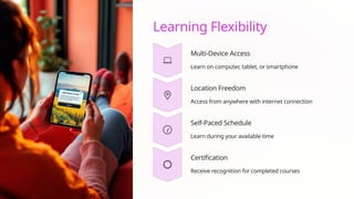 Learning Flexibility
Multi-Device Access
Learn on computer, tablet, or smartphone
Location Freedom
Access from anywhere with internet connection
Self-Paced Schedule
Learn during your available time
Certification
Receive recognition for completed courses
 