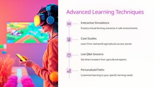 Advanced Learning Techniques
Interactive Simulations
Practice virtual farming scenarios in safe environments
Case Studies
Learn from real-world agricultural success stories
Live Q&A Sessions
Get direct answers from agricultural experts
Personalized Paths
Customize learning to your specific farming needs
 