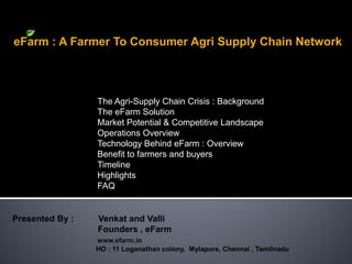 eFarm : A Farmer To Consumer Agri Supply Chain Network




                 The Agri-Supply Chain Crisis : Background
                 The eFarm Solution
                 Market Potential & Competitive Landscape
                 Operations Overview
                 Technology Behind eFarm : Overview
                 Benefit to farmers and buyers
                 Timeline
                 Highlights
                 FAQ


Presented By :   Venkat and Valli
                 Founders , eFarm
                 www.efarm.in
                 HO : 11 Loganathan colony, Mylapore, Chennai , Tamilnadu
 