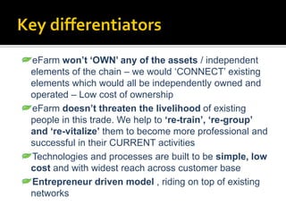 eFarm won’t ‘OWN’ any of the assets / independent
elements of the chain – we would „CONNECT‟ existing
elements which would all be independently owned and
operated – Low cost of ownership
eFarm doesn’t threaten the livelihood of existing
people in this trade. We help to ‘re-train’, ‘re-group’
and ‘re-vitalize’ them to become more professional and
successful in their CURRENT activities
Technologies and processes are built to be simple, low
cost and with widest reach across customer base
Entrepreneur driven model , riding on top of existing
networks
 