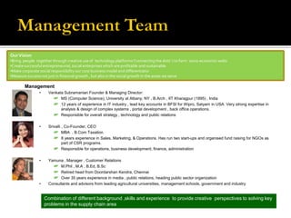 Our Vision
•Bring people together through creative use of technology platforms ('connecting the dots' ) to form socio-economic-webs
•Create successful entrepreneurial, social enterprises which are profitable and sustainable
•Make corporate social responsibility our core business model and differentiator
•Measure success not just in financial growth , but also in the social growth in the areas we serve

        Management
                •    Venkata Subramanian Founder & Managing Director:
                           MS (Computer Science), University at Albany, NY , B.Arch , IIT Kharagpur (1995) , India
                           12 years of experience in IT industry , lead key accounts in BFSI for Wipro, Satyam in USA. Very strong expertise in
                           analysis & design of complex systems , portal development , back office operations.
                           Responsible for overall strategy , technology and public relations

                •    Srivalli , Co-Founder, CEO
                              MBA , B.Com Taxation
                              8 years experience in Sales, Marketing, & Operations. Has run two start-ups and organised fund raising for NGOs as
                              part of CSR programs.
                              Responsible for operations, business development, finance, administration

                •    Yamuna , Manager , Customer Relations
                           M.Phil , M.A , B.Ed, B.Sc
                           Retired head from Doordarshan Kendra, Chennai
                           Over 35 years experience in media , public relations, heading public sector organization
                •    Consultants and advisors from leading agricultural universities, management schools, government and industry


                    Combination of different background ,skills and experience to provide creative perspectives to solving key
                    problems in the supply chain area
 