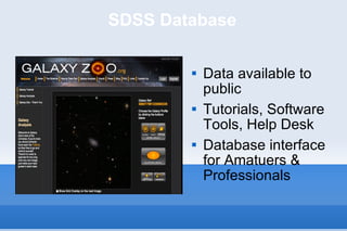 SDSS Database Data available to public Tutorials, Software Tools, Help Desk Database interface for Amatuers & Professionals 