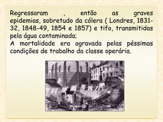 Regressaram , então as graves
epidemias, sobretudo da cólera ( Londres, 1831-
32, 1848-49, 1854 e 1857) e tifo, transmitidas
pela água contaminada;
A mortalidade era agravada pelas péssimas
condições de trabalho da classe operária.
 