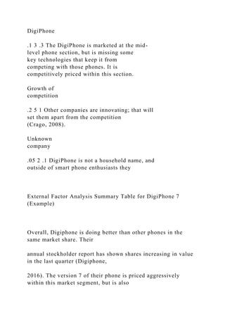 DigiPhone
.1 3 .3 The DigiPhone is marketed at the mid-
level phone section, but is missing some
key technologies that keep it from
competing with those phones. It is
competitively priced within this section.
Growth of
competition
.2 5 1 Other companies are innovating; that will
set them apart from the competition
(Crago, 2008).
Unknown
company
.05 2 .1 DigiPhone is not a household name, and
outside of smart phone enthusiasts they
External Factor Analysis Summary Table for DigiPhone 7
(Example)
Overall, Digiphone is doing better than other phones in the
same market share. Their
annual stockholder report has shown shares increasing in value
in the last quarter (Digiphone,
2016). The version 7 of their phone is priced aggressively
within this market segment, but is also
 