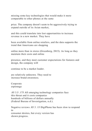 missing some key technologies that would make it more
comparable to other phones at the same
price. The company doesn't seem to be aggressively trying to
expand outside of its Asian market,
and this could translate into lost opportunities to increase
revenue in a new market. They have
been available from online retailers, and the data supports the
trend that Americans are shopping
online more than in stores (Greenberg, 2015). As long as they
maintain their costs and online
presence, and they meet customer expectations for features and
design, the company will
continue to be a market leader.
are relatively unknown. They need to
increase brand awareness.
Corporate
espionage
.05 3.5 .175 All emerging technology companies face
this threat and it costs companies
hundreds of billions of dollars annually
(Federal Bureau of Investigation, n.d.).
Negative reviews .05 3 .15 DigiPhone has been slow to respond
to
consumer desires, but every version has
shown progress.
 