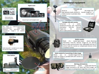 Кнопка включения Однократное нажатие – включение, повторное нажатие – выключение. Регулировка яркости Увеличение и уменьшение  уровня яркости дисплея. При одновременном нажатии и удержании отключает монокуляр Внешний разъем Подключение внешнего питания / аналоговый видеовыход Кнопка проверки аккумулятора Нажмите и удерживайте кнопку 2-3с, цвет индикатора соответствует: Easy access and quick replacement of the battery Place battery Lens Cap Объектив Германиевый объектив с ручной подстройкой фокусировки. Возможность исполнения с объективами с фокусными расстояниями 50 mm , 75 mm  или 100 mm .  Высококачественный светодиодный монокуляр Резиновый наглазник предотвращает проникновение света из монокуляра , попадание на него прямых солнечных лучей и бликов. Portable thermal imagers series TNP  384/05-75* Additional equipment Telescopic rod Serves to raise the imager over high obstacles (walls, bushes) to transfer images to a mobile monitor or portable video recorder with monitor. Portable DVR with monitor Performed in a sealed, shockproof carrying case. Receiving information from the thermal imager can be done by wire or radio communication lines. Mobile monitor Made of a sealed, high-impact plastic. Receiving information from the thermal imager can be done by wire or radio communication lines. Lightweight and case of control make the monitor an indispensable element of the surveillance system. Radio module for transmitting of video image Allows you to transfer images from the Imager for mobile or portable DVR with monitor at a distance of 300 m. Belt-bag with batteries Optional external power supply with thermal imager mounted on the waist belt. Hours imager up to 8 hours in a temperature range from  -30  0 С  t о +60  0 С The body is made of shock-resistant plastic sealed with rubber surface, protection class IP67, which allows using thermal imager in all weather conditions Digital zoom Sequencing 2x and 4x digital zoom   Hand Strap Cloth strap with a variable size to secure the thermal imager in a hand Зеленый Более 70%  charge Оранжевый 30…70%  charge Красный 5…30%  charge Красный мигающий Менее 5%  charge Positive \ negative Mode switching  positive\negative 