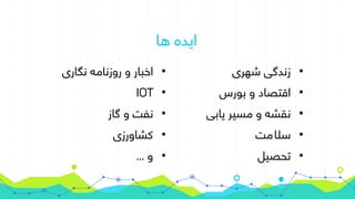 ‫ها‬ ‫ایده‬
●
‫نگاری‬ ‫روزنامه‬ ‫و‬ ‫اخبار‬
●
IOT
●
‫گاز‬ ‫و‬ ‫نفت‬
●
‫کشاورزی‬
●
... ‫و‬
●
‫شهری‬ ‫زندگی‬
●
‫بورس‬ ‫و‬ ‫اقتصاد‬
●
‫یابی‬ ‫مسیر‬ ‫و‬ ‫نقشه‬
●
‫سلمت‬
●
‫تحصیل‬
 