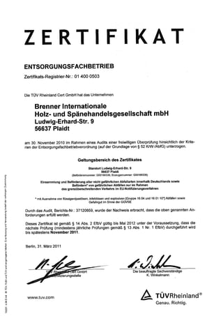 Zertifikat Entsorgungsfachbetrieb Brenner Internationale Holz und Späne Handelsgesellschaft mbH