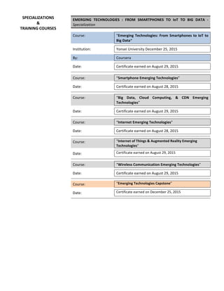 EMERGING	 TECHNOLOGIES	 :	 FROM	 SMARTPHONES	 TO	 IoT	 TO	 BIG	 DATA	 -	
Specialization	
	 	 	
Course:	 	 “Emerging	Technologies:	From	Smartphones	to	IoT	to	
Big	Data”	
	 	 	
Institution:	 	 Yonsei	University	December	25,	2015	
	 	 	
By:	 	 Coursera	
	 	 	
Date:	 	 Certificate	earned	on	August	29,	2015	
	 	 	
	 	 	
Course:	 	 “Smartphone	Emerging	Technologies”		
	 	 	
Date:	 	 Certificate	earned	on	August	28,	2015	
	 	 	
	 	 	
Course:	 	 “Big	 Data,	 Cloud	 Computing,	 &	 CDN	 Emerging	
Technologies”	
	 	 	
Date:	 	 Certificate	earned	on	August	29,	2015	
	 	 	
	 	 	
Course:	 	 “Internet	Emerging	Technologies”	
	 	 	
Date:	 	 Certificate	earned	on	August	28,	2015	
	 	 	
	 	 	
Course:	 	 “Internet	of	Things	&	Augmented	Reality	Emerging	
Technologies”		
	 	
	
Date:	 	 Certificate	earned	on	August	29,	2015	
	 	
	
	 	
	
Course:	 	 “Wireless	Communication	Emerging	Technologies”	
	 	 	
Date:	 	 Certificate	earned	on	August	29,	2015	
	 	 	
	 	 	
Course:	 	 “Emerging	Technologies	Capstone”		
	 	
	
Date:	 	 Certificate	earned	on	December	25,	2015	
	 	
	
	 	
	
	 	 	
	 	 	
	
	 	
SPECIALIZATIONS	
&	
TRAINING	COURSES	
 