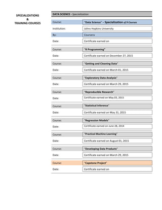 DATA	SCIENCE	-	Specialization	
	 	 	
Course:	 	 “Data	Science”	–	Specialization	of	9	Courses	
	 	 	
Institution:	 	 Johns	Hopkins	University	
	 	 	
By:	 	 Coursera	
	 	 	
Date:	 	 Certificate	earned	on	
	 	 	
	 	 	
Course:	 	 “R	Programming”	
	 	 	
Date:	 	 Certificate	earned	on	December	27,	2015	
	 	 	
	 	 	
Course:	 	 “Getting	and	Cleaning	Data”	
	 	 	
Date:	 	 Certificate	earned	on	March	01,	2015	
	 	 	
	 	 	
Course:	 	 “Exploratory	Data	Analysis”	
	 	 	
Date:	 	 Certificate	earned	on	March	29,	2015	
	 	 	
	 	 	
Course:	 	 “Reproducible	Research”		
	 	
	
Date:	 	 Certificate	earned	on	May	03,	2015	
	 	
	
	 	
	
Course:	 	 “Statistical	Inference”		
	 	 	
Date:	 	 Certificate	earned	on	May	31,	2015	
	 	 	
	 	 	
Course:	 	 “Regression	Models”	
	 	
	
Date:	 	 Certificate	earned	on	June	28,	2014	
	 	
	
	 	
	
Course:	 	 “Practical	Machine	Learning”		
	 	 	
Date:	 	 Certificate	earned	on	August	01,	2015	
	 	 	
	 	 	
Course:	 	 “Developing	Data	Products”	
	 	 	
Date:	 	 Certificate	earned	on	March	29,	2015	
	 	 	
	 	 	
Course:	 	 “Capstone	Project”	
	 	 	
Date:	 	 Certificate	earned	on		
	 	 	
	 	 	
	
	 	
SPECIALIZATIONS	
&	
TRAINING	COURSES	
 