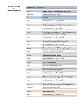 MANAGEMENT	-	Specialization	
	 	 	
Course:	 	 “Career	Success”	–	Specialization	of	10	Courses	
	 	 	
Institution:	 	 University	of	California,	Irvine	
	 	 	
By:	 	 Coursera	
	 	 	
Date:	 	 Certificate	earned	on	August	27,	2015	
	 	 	
	 	 	
Course:	 	 “Project	Management:	The	Basics	for	Success”			
	 	 	
Date:	 	 Certificate	earned	on	April	9,	2015	
	 	 	
	 	 	
Course:	 	 “Work	 Smarter,	 Not	 Harder:	 Time	 Management	 for	
Personal	&	Professional	Productivity”	
	 	 	
Date:	 	 Certificate	earned	on	April	12,	2015	
	 	 	
	 	 	
Course:	 	 “Finance	for	Non-Financial	Professionals”	
	 	 	
Date:	 	 Certificate	earned	on	April	15,	2015	
	 	 	
	 	 	
Course:	 	 “Communication	in	the	21st	Century	Workplace”		
	 	
	
Date:	 	 Certificate	earned	on	April	15,	2015	
	 	
	
	 	
	
Course:	 	 “High-Impact	Business	Writing”	
	 	 	
Date:	 	 Certificate	earned	on	April	22,	2015	
	 	 	
	 	 	
Course:	 	 “The	Art	of	Negotiation”		
	 	
	
Date:	 	 Certificate	earned	on	May	5,	2015	
	 	
	
	 	
	
Course:	 	 “Fundamentals	of	Management”	
	 	 	
Date:	 	 Certificate	earned	on	May	7,	2015	
	 	 	
	 	 	
Course:	 	 “Effective	Problem-Solving	and	Decision-Making”	
	 	 	
Date:	 	 Certificate	earned	on	May	7,	2015	
	 	 	
	 	 	
Course:	 	 “Essentials	of	Entrepreneurship:	Thinking	&	Action”	
	 	 	
Institution:	 	 University	of	California,	Irvine	
	 	 	
	 	 	
Course:	 	 “Capstone	Project”		
	 	 	
Date:	 	 Certificate	earned	on	August	27,	2015	
	 	 	
	 	 	
	 	 	
SPECIALIZATIONS	
&	
TRAINING	COURSES	
 