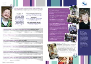 Latest
scoop
6 The Stick ‘n’ Step Scoop - Summer 2015
You’re making a difference
A huge thank you to all of our fundraisers and volunteers
for helping to make a difference. We appreciate your
support! Here’s just a few examples of what you’ve been
up to recently:
• Dave Garster, whose daughter Sally attends Stick ‘n’
Step, has been running for us again. This time he did
the Liverpool Rock ‘n’ Roll marathon and has
raised £300 to date.
• Nick Champion and his daughter Alice did
a sponsored skydive because we were one
of the Mayor’s charities, raising £300 for us. We
thanked Nick at the Mayor’s end of year event.
• Staff from Simpson Millar LLP didn’t let the rain
dampen their spirits at the Liverpool Marathon this
year. They raised £1,000 for us.
• Georgina Roberts’ dad is one of the Tri4Life members.
Inspired by her dad and the team’s efforts, Georgia
decided to run the Edinburgh half marathon in May
and raised £360 for us.
• St Mary’s Old boys and Mosslands Old boys football
teams play a charity match against
each other every year in support of us.
Over £1,500 was raised – now that’s a great
sporting triumph!
• The local Institute of Chartered Shipbrokers
group never leave us lost at sea for long.
Once again, they’ve kindly donated
£1,002.50, which they raised at their
recent annual dinner.
Once again we’ve got the Scoop on what our friends, families and supporters have
been saying about us. Your feedback and comments are important to us and we’d
love to know what you’re thinking. You might find yourself featured in upcoming
editions of Scoop too.
Emma Richards responded to Kirsty’s post:
“Thank you for the donations. I don't know
where we would be without this wonderful
charity and the work that they do with Alfie.”
@tweetallymac
“Well that was a fairly epic weekend! Topped
off by an inspiring day with @SticknStep1.
Please give them a follow. They deserve
every success.”
Steve Hannam, Jack and Ollie’s dad
“Lovely afternoon out at the Maritime
museum. Thank you all.”
Famous faces get in the swing for chari-tee at Pryor Hayes - Golfers Local, May 2015
Golfers Local can be found at golf clubs across the UK and so too can the news of our recent golf day.
Charity hails Mayor’s work - Liverpool Echo, 10/05/15
We gave an insight on being the mayor’s charity, which the Echo and Wirral Globe both featured.
Stick your name down to step out - Wirral News, 29/04/15
We appealed for supporters to don their walking boots in aid of us at this year’s Wirral coastal walk.
Pilot project aims to help children take step forward - Chester and District Standard, 26/03/15
Our pilot project at Tarporley community centre in Cheshire made local headlines
Award recognition for Wirral’s unsung heroes - Wirral Globe, 17/03/15
New Ferry shop volunteers Ann Carter, Rose Lee and Doreen Mckinnon were celebrated in the news.
Wirral Charity Stick ‘n’ Step opens state-of-the-art sensory room - Wirral Globe, 09/03/15
Our refurbished sensory room was the talk of Wirral as the Mayor came to open it back in March.
Kirsty Duncalf via
Facebook
“We had a lovely
morning today visiting
Stick 'n' Step… We took
with us the donations we
so kindly received off our
lovely family and friends
in memory of John…We
came away knowing
every penny will be used
towards enriching the
lives of each one of the
66 children through their
amazing work.”
Be a Stick ‘n’ Step hero
Rose Rochford, who recently turned 90, is as dedicated
to us as she is to her baking. Her support is simple but
effective. Rose likes to bake cakes (and jam) and she
does it well. With her neighbours as customers, there’s
always demand for Rose to sell them in aid of us. She’s
got a real taste for what’s hot and what’s not, and
every few months Rose rolls up with a bag of petty
cash. A hundred pounds here, two hundred pounds
there, it all adds up, and soon enough Rose’s
fundraising total passed the thousand pounds mark –
all by making exceedingly good cakes.
Wirral walk
This June, the 30th
Wirral Coastal Walk
took place and Stick
‘n’ Step supporters
were there. Together
they walked 15 miles of
coast, from Seacombe
Ferry Terminal to Wirral
Country Park. Around
£3,000 has been
donated so far, with
donations still coming
in. This is the most
raised ever and will
fund one child’s place
here for a year. Thank
you all, once again, for
stepping out in support
of us.
 