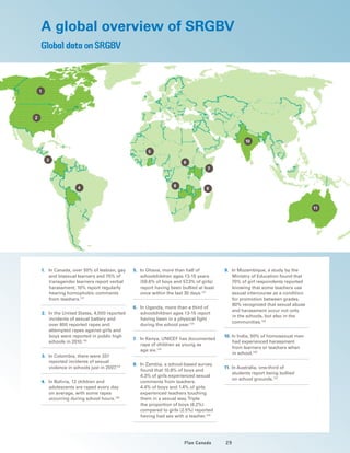 29Plan Canada
A global overview of SRGBV
Global data on SRGBV
1
3
2
4
5
6
7
8
9
10
11
1.	In Canada, over 50% of lesbian, gay
and bisexual learners and 75% of
transgender learners report verbal
harassment; 10% report regularly
hearing homophobic comments
from teachers.117
2.	In the United States, 4,000 reported
incidents of sexual battery and
over 800 reported rapes and
attempted rapes against girls and
boys were reported in public high
schools in 2010.118
3.	In Colombia, there were 337
reported incidents of sexual
violence in schools just in 2007.119
4.	In Bolivia, 12 children and
adolescents are raped every day
on average, with some rapes
occurring during school hours.120
5.	In Ghana, more than half of
schoolchildren ages 13-15 years
(59.6% of boys and 57.3% of girls)
report having been bullied at least
once within the last 30 days.121
6.	In Uganda, more than a third of
schoolchildren ages 13-15 report
having been in a physical fight
during the school year.122
7.	In Kenya, UNICEF has documented
rape of children as young as
age six.123
8.	In Zambia, a school-based survey
found that 10.8% of boys and
4.3% of girls experienced sexual
comments from teachers.
4.4% of boys and 1.4% of girls
experienced teachers touching
them in a sexual way.Triple
the proportion of boys (6.2%)
compared to girls (2.5%) reported
having had sex with a teacher.124
9.	In Mozambique, a study by the
Ministry of Education found that
70% of girl respondents reported
knowing that some teachers use
sexual intercourse as a condition
for promotion between grades.
80% recognized that sexual abuse
and harassment occur not only
in the schools, but also in the
communities.125
10.	In India, 50% of homosexual men
had experienced harassment
from learners or teachers when
in school.126
11.	In Australia, one-third of
students report being bullied
on school grounds.127
 