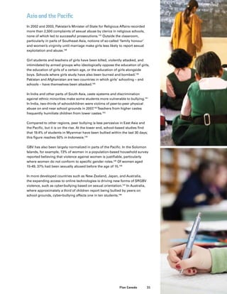 31Plan Canada
Asia and the Pacific
In 2002 and 2003, Pakistan’s Minister of State for Religious Affairs recorded
more than 2,500 complaints of sexual abuse by clerics in religious schools,
none of which led to successful prosecutions.137
Outside the classroom,
particularly in parts of Southeast Asia, notions of so-called ‘family honour’
and women’s virginity until marriage make girls less likely to report sexual
exploitation and abuse.138
Girl students and teachers of girls have been killed, violently attacked, and
intimidated by armed groups who ideologically oppose the education of girls,
the education of girls of a certain age, or the education of girls alongside
boys. Schools where girls study have also been burned and bombed.139
Pakistan and Afghanistan are two countries in which girls’ schooling – and
schools – have themselves been attacked.140
In India and other parts of South Asia, caste systems and discrimination
against ethnic minorities make some students more vulnerable to bullying.141
In India, two-thirds of schoolchildren were victims of peer-to-peer physical
abuse on and near school grounds in 2007.142
Teachers from higher castes
frequently humiliate children from lower castes.143
Compared to other regions, peer bullying is less pervasive in East Asia and
the Pacific, but it is on the rise. At the lower end, school-based studies find
that 19.4% of students in Myanmar have been bullied within the last 30 days;
this figure reaches 50% in Indonesia.144
GBV has also been largely normalized in parts of the Pacific. In the Solomon
Islands, for example, 73% of women in a population-based household survey
reported believing that violence against women is justifiable, particularly
where women do not conform to specific gender roles.145
Of women aged
15-49, 37% had been sexually abused before the age of 15.146
In more developed countries such as New Zealand, Japan, and Australia,
the expanding access to online technologies is driving new forms of SRGBV
violence, such as cyber-bullying based on sexual orientation.147
In Australia,
where approximately a third of children report being bullied by peers on
school grounds, cyber-bullying affects one in ten students.148
 