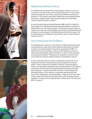 32 A global overview of SRGBV
Middle East and North Africa
In the Middle East and North Africa, violence against children is a common
occurrence, most often hidden and not publicly discussed.149
In recent years,
conflict and migration have further compromised children’s schooling and
protection.150
For example, almost 60% of Palestinian and Lebanese students
who study in refugee camps directly associate ‘getting hurt’ with being
victims of physical violence in school.151
In countries where data was collected between 2006 and 2011, at least 51%
of boys aged 13-15 reported having been physically attacked or involved in a
physical fight on or near school grounds.152
Among boys, physical violence is
reported more often than bullying. WHO surveys find that bullying affects girls
and boys to a similar degree in the Middle East and North Africa region. Due
to limited political and institutional accountability, data on sexual violence in
schools is scarce.153
Latin America and the Caribbean
The UN Regional Consultation in Latin America in 2005 noted that the region
is characterized by a high level of social tolerance towards acts of violence
in general, and alarming levels of impunity for perpetrators of GBV.154
In
Latin America and the Caribbean, violence is often justified as a means of
resolving conflicts between adults and children, as well as conflicts between
young people themselves.155
Socioeconomic inequality in urban and rural
communities has also been linked to children’s vulnerability to violence.
In Chile, Costa Rica, Panama, and Peru, school-based surveys have found
between 5% and 40% of adolescent girls reporting experience of sexual
abuse.156
Girls in the Dominican Republic, Honduras, Guatemala, Mexico,
Panama, and Nicaragua report being victims of sexual coercion from teachers,
sometimes under the threat of their grades suffering if they do not accept
sexual advances.157
Approximately 60% of children in the Caribbean have
witnessed violence in their schools, an experience associated with high
levels of fear, absenteeism, and school dropout.158
Bullying is the main driver
of peer-to-peer male violence in the region.The number of students having
engaged in or been victims of bullying is 40% in Brazil, 36.7% in Ecuador, and
28% in Uruguay.159
 