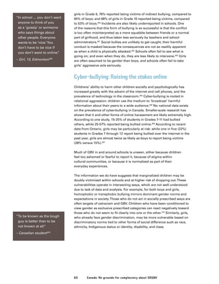 60 Canada: No grounds for complacency about SRGBV
girls in Grade 6, 76% reported being victims of indirect bullying, compared to
65% of boys; and 68% of girls in Grade 10 reported being victims, compared
to 53% of boys.300
Incidents are also likely underreported in schools. One
of the reasons that this form of bullying is so successful is that the conflict
is too often misinterpreted as a mere squabble between friends or a normal
part of girlhood, and thus taken less seriously by teachers and school
administrators.301
Social bullies are unlikely to get caught; their harmful
conduct is masked because the consequences are not as readily apparent
as when a child is physically attacked.302
Schools often fail to see what is
going on; and even when they do, they are less likely to intervene.303
Girls
are often assumed to be gentler than boys, and schools often fail to take
girls’ aggressive acts seriously.
Cyber-bullying: Raising the stakes online
Childrens’ ability to harm other children socially and psychologically has
increased greatly with the advent of the internet and cell phones, and the
prevalence of technology in the classroom.304
Cyber-bullying is rooted in
relational aggression: children use the medium to ‘broadcast’ harmful
information about their peers to a wide audience.305
No national data exists
on the prevalence of cyber-bullying in Canada. Smaller-scale research has
shown that it and other forms of online harassment are likely extremely high.
According to one study, 15-25% of students in Grades 7-11 had bullied
others, while 25-57% reported being bullied online.306
According to recent
data from Ontario, girls may be particularly at risk: while one in five (22%)
students in Grades 7 through 12 report being bullied over the internet in the
past year, girls are almost twice as likely as boys to report being victims
(28% versus 15%).307
Much of GBV in and around schools is unseen, either because children
feel too ashamed or fearful to report it, because of stigma within
cultural communities, or because it is normalized as part of their
everyday experiences.
The information we do have suggests that marginalized children may be
doubly victimized within schools and at higher risk of dropping out.These
vulnerabilities operate in intersecting ways, which are not well understood
due to lack of data and analysis. For example, for both boys and girls,
homophobic or transphobic bullying mirrors dominant gender norms and
expectations in society.Those who do not act in socially prescribed ways are
often targets of ostracism and GBV. Children who have been conditioned to
view gender as exclusive prescribed categories can react negatively toward
those who do not seem to fit clearly into one or the other.310
Similarly, girls,
who already face gender discrimination, may be more vulnerable based on
discriminatory norms tied to other forms of social difference such as race,
ethnicity, Indigenous status or identity, disability, and class.
“In school ... you don’t want
anyone to think of you
as a ‘gossip’ or someone
who says things about
other people. Everyone
wants to be ‘nice.’You
don’t have to be nice if
you don’t want to online.”
– Girl, 13, Edmonton308
“To be known as the tough
guy is better than to be
not known at all.”
– Canadian student293
 