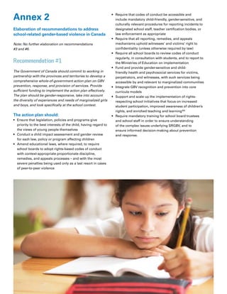 80 Annex 2
Annex 2
Elaboration of recommendations to address
school-related gender-based violence in Canada
Note: No further elaboration on recommendations
#3 and #6.
Recommendation #1
The Government of Canada should commit to working in
partnership with the provinces and territories to develop a
comprehensive whole-of-government action plan on GBV
prevention, response, and provision of services. Provide
sufficient funding to implement the action plan effectively.
The plan should be gender-responsive, take into account
the diversity of experiences and needs of marginalized girls
and boys, and look specifically at the school context.
The action plan should:
•	 Ensure that legislation, policies and programs give
priority to the best interests of the child, having regard to
the views of young people themselves
•	 Conduct a child impact assessment and gender review
for each law, policy or program affecting children
•	 Amend educational laws, where required, to require
school boards to adopt rights-based codes of conduct
with context-appropriate proportionate discipline,
remedies, and appeals processes – and with the most
severe penalties being used only as a last resort in cases
of peer-to-peer violence
•	 Require that codes of conduct be accessible and
include mandatory child-friendly, gender-sensitive, and
culturally relevant procedures for reporting incidents to
designated school staff, teacher certification bodies, or
law enforcement as appropriate
•	 Require that all reporting, remedies, and appeals
mechanisms uphold witnesses’ and victims’ right to
confidentiality (unless otherwise required by law)
•	 Require all school boards to review codes of conduct
regularly, in consultation with students, and to report to
the Ministries of Education on implementation
•	 Fund and provide gender-sensitive and child-
friendly health and psychosocial services for victims,
perpetrators, and witnesses, with such services being
accessible by and relevant to marginalized communities
•	 Integrate GBV recognition and prevention into core
curricula models
•	 Support and scale up the implementation of rights-
respecting school initiatives that focus on increased
student participation, improved awareness of children’s
rights, and enriched teaching and learning364
•	 Require mandatory training for school board trustees
and school staff in order to ensure understanding
of the complex issues underlying SRGBV, and to
ensure informed decision-making about prevention
and response.
 