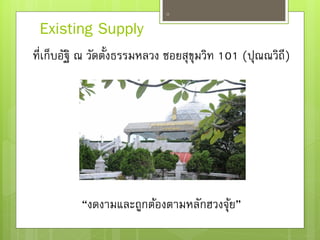 12
“งดงามและถูกต้องตามหลักฮวงจุ้ย”
ที่เก็บอัฐิ ณ วัดตั้งธรรมหลวง ซอยสุขุมวิท 101 (ปุณณวิถี)
Existing Supply
 