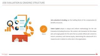 18
About
Job evaluation & Grading are the building block of the compensation &
benefits structures.
Talent Capital adopts a unique and uniform methodology for the Job
Evaluation & Grading Structure. We conduct Job Evaluation for the unique
jobs and assign grades for the same that accurately reflects job content to
ensure consistency and internal equity, determining the value/worth of a
respective job in relation to other jobs in the organization.
JOB EVALUATION & GRADING STRUCTURE
 