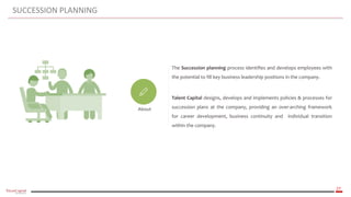 27
SUCCESSION PLANNING
About
The Succession planning process identifies and develops employees with
the potential to fill key business leadership positions in the company.
Talent Capital designs, develops and implements policies & processes for
succession plans at the company, providing an over-arching framework
for career development, business continuity and individual transition
within the company.
 