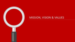 MISSION, VISION & VALUES
 
