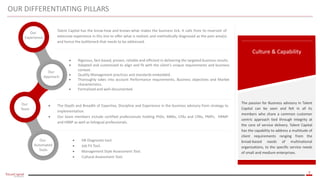 7
OUR DIFFERENTIATING PILLARS
Our
Experience
Our
Approach
Our
Team
Our
Automated
Tools
Talent Capital has the know-how and knows-what makes the business tick. It calls from its reservoir of
extensive experience in this line to offer what is realistic and methodically diagnosed as the pain area(s)
and hence the bottleneck that needs to be addressed.
 Rigorous, fact-based, proven, reliable and efficient in delivering the targeted business results.
 Adapted and customized to align and fit with the client’s unique requirements and business
context.
 Quality Management practices and standards embedded.
 Thoroughly takes into account Performance requirements, Business objectives and Market
characteristics.
 Formalized and well-documented.
 The Depth and Breadth of Expertise, Discipline and Experience in the business advisory from strategy to
implementation.
 Our team members include certified professionals holding PhDs, MBAs, CFAs and CPAs, PMPs, HRMP
and HRBP as well as bilingual professionals.
 HR Diagnostic tool.
 Job Fit Tool.
 Management Style Assessment Tool.
 Cultural Assessment Tool.
Culture & Capability
The passion for Business advisory in Talent
Capital can be seen and felt in all its
members who share a common customer
centric approach tied through integrity at
the core of service delivery. Talent Capital
has the capability to address a multitude of
client requirements ranging from the
broad-based needs of multinational
organizations, to the specific service needs
of small and medium enterprises.
 