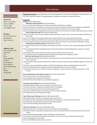 Professional Summary: Highlyskilled leader with a diversebackground inCustomer ServiceManagement, Human
Resources and CallCenter Leadership.An expert inChangeManagement, Collaboration,Innovationand leading
virtualExperience:
Contact Info:
2620 S Danube Way
Aurora, CO 80013
270-272-7004
alh252@gmail.com
Education:
B.S. HumanResource
Management
Regis University
Additional Skills:
Microsoft Office Suite
SharePoint
SAP
Cisco
Impact 360/Blue
Pumpkin
Avaya Systems
Verint Systems-
Coaching Advantage
Plus
WebEx
Google Apps
Amy Hansen
Professional Summary: Highly skilledleaderwith a diversebackground in Customer Service Management, Human Resources and
Call CenterLeadership. An expert in Change Management,Collaboration, Innovation and leading virtual teams.
Experience:
Grainger (October 2006-present)
Deployment SupportSpecialist(January2016-present)
 Invest in stabilization ofdeployments and driveaccountability for stabilizationandadoption.
 Instituteprocesses for thedistribution,communicationandanalysis of deployment performancemanagement andstabilization.
 Analyze projectdata to discoverrootcauses anddeterminechanges to processes orneed for futureprojects.
 Create process flow charts, supporting workinstructions, job aids andcommunications to all levels ofleadership andteammembers.
Customer Experience Coach(January 2011-December 2016)
 Monitor and coach roster of55 team members virtually improving the customer serviceand success withcompanyinitiatives from
83% to 95%.
 Constructanddeploy 3 new company initiatives that improved customer servicesurvey scores by 8% nationally.
 Develop and implement StandardWork that resulted ingaining two hours perweek for additional coaching ofteam members.
 Create and deliver training onnewnationaldeployments for 400+teammembers. Allteam members trainedwithin6 months.
Quality AssuranceAnalyst, Grainger (October 2007-January2011)
 Evaluated40ContactCenter team members virtually to gainconsistency in customer service andreducing averagehandle timeby
10%.
 Partnered withtheWorkforceManagement team toanalyzeand implement improved staffing patterns togain 6%in company
servicelevels.
 Developed Customer Serviceinitiatives that ledto anincrease of4%in CustomerSurvey Scores.
 Created Contact Centercontingencyplans thatprovideda quickerreaction timetoemergency situations.
Sales Team Lead, Grainger (October2006-October 2007)
 Supervised 10ContactCenter team members in customerserviceroles andtransitioned toteamof20 covering ContactCenter and
Counter Sales roles.
 Delivered performance improvement plans to team members toreduce turnover and increaseemployee engagement surveyscores
by 7%.
 Analyzed andcommunicated phonestatistics to alllevels ofmanagementto improve standarddeviationto less than 5%.
 Created employeeperformance improvementplans withongoing meetings to ensure accountability
 Audited business operations in 10facilities to measurecomplianceto company standards and improved audit scores toa 92%
average.
Denver PublicSchools, Human ResourceScreener (January 2013-October 2013)
 Prioritized resumes for core teaching competencies
 Screened applicants by conducting initialinterview
 Delivered hiring recommendations onover300teaching applicants
Aeropostale, StoreManager (December 2005-October2006)
 Managed $3Million clothing storein alloperations and customerservice
 Performed allbenefits, compensation and payroll needs for 15employees.
 Exceeded sales goals by 3% andreducedoperating expenses by 6%.
 Developed and heldemployees accountableto performance improvementplans.
 Provided orientation and training tonewmanagers .
David’sBridal, General Manager (November 2003-December 2005)
 Managed $10 Millionbridal store in alloperations andcustomer service.
 Provided allbenefits, compensation and payroll needs for 30 employees in commission sales and alterations.
 Developed and conducted weekly training toexceedcompany standards.
 Grew sales 20%exceeding sales goal within6 months.
Talbots, StoreManager (December 1996-November 2003)
 Managed several stores increasing involumefrom $2-5 Millionwith 10-20employees.
 Managed all benefits, compensationand payrollneeds as wellas conducted performanceimprovement plans and annual merit
reviews.
 Developed and delivered managertraining on feedback and coaching annually.
 Created the Customer RelationshipProgram thatresultedin a 12%increaseinsales and improved customerloyalty.
 Awarded Manager oftheYear in2000.
 Assisted inHR Mediations withother storelocations.
 