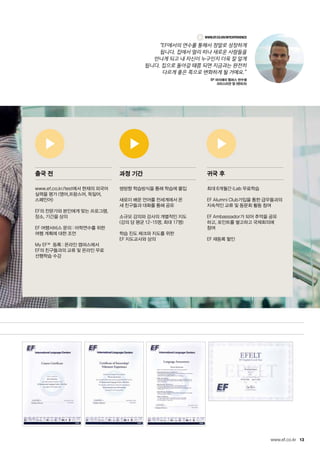 13www.ef.co.kr
www.ef.co.kr/test에서 현재의 외국어
실력을 평가 (영어,프랑스어, 독일어,
스페인어)
EF의 전문가와 본인에게 맞는 프로그램,
장소, 기간을 상의
EF 여행서비스 문의 : 어학연수를 위한
여행 계획에 대한 조언
My EF™ 등록 : 온라인 캠퍼스에서
EF의 친구들과의 교류 및 온라인 무료
선행학습 수강
쌍방향 학습방식을 통해 학습에 몰입
새로이 배운 언어를 전세계에서 온
새 친구들과 대화를 통해 공유
소규모 강의와 강사의 개별적인 지도
(강의 당 평균 12-15명, 최대 17명)
학습 진도 체크와 지도를 위한
EF 지도교사와 상의
최대 6개월간 iLab 무료학습
EF Alumni Club가입을 통한 급우들과의
지속적인 교류 및 동문회 활동 참여
EF Ambassador가 되어 추억을 공유
하고, 포인트를 쌓고하고 국제회의에
참여
EF 재등록 할인
출국 전 과정 기간 귀국 후
www.ef.co.kr/MyExperience
“EF에서의 연수를 통해서 정말로 성장하게
됩니다. 집에서 멀리 떠나 새로운 사람들을
만나게 되고 내 자신이 누구인지 더욱 잘 알게
됩니다. 집으로 돌아갈 때쯤 되면 지금과는 완전히
다르게 좋은 쪽으로 변화하게 될 거예요.”
EF 마이애미 캠퍼스 연수생
크리스티안 달 (덴마크)
 