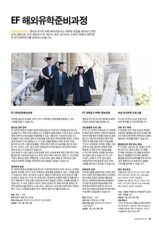 21
보장된 해외진학.
www.ef.co.kr
유학에 필요한 능력을 키우고 우수 대학에서 잠재력을 발휘할 수 있는
기회를 얻을 수 있습니다.
영어권 대학 진학
EF 대학진학준비과정은 해외유학에 필요한 전반적인 과정을 준비하는데
도움을 주기 위한 프로그램입니다. 9개월의 집중과정은 이전의 학교 교육과
해외 대학의 교육과정을 연결해줄 수 있는 내용으로 구성되어 있습니다.
6개월의 속성 과정은 영어구사능력을 갖춘 북미 대학진학을 원하는 지원자
에게 적당한 프로그램입니다. 이 프로그램을 통해서 대학 리포트 작문,
분석적 사고력, 그룹 과제 활동, 대학수준의 영어구사능력을 배우게 되며,
IELTS, TOEFL, SAT 등과 같은 대학입학 허가에 필요한 공인어학시험의
준비와 응시가 포함되어 있습니다.
이와 함께 이 프로그램의 교육과정은 현지 교육체계에 대한 전반적인 이해
를 돕도록 구성되어 있습니다. 또한 국제 커뮤니케이션, 경영, IT, 미디어와
커뮤니케이션, 법학, 여행산업, 스포츠과학, 공학, 예술과 과학 등과 같은
전공과 관련된 과목을 선택하여 프로그램을 구성할 수 있습니다.
대학진학 보장
EF 대학진학준비과정을 성공적으로 수료하면 영국과 미국, 캐나다, 유학에
필요한 능력을 키우고 우수 대학에서 잠재력을 발휘할 수 있는 기회를 얻을
수 있습니다. 호주, 싱가포르 소재 EF 제휴의 대학 중 한 곳의 입학 허가를
보장하고 있습니다. EF는 전 세계 대학, 대학원과 강력한 제휴 관계를 맺고
있기 때문에 이 프로그램 지원자에게 매우 폭넓은 선택의 기회를 제공할 수
있습니다. 이 프로그램의 수료자 100% 전원이 EF 제휴 대학 중 원하는 한
곳의 입학허가를 얻었거나 옥스포드, 캠브리지, 런던정치경제 대학, 하버드,
MIT, 시드니 대학을 포함한 유수 대학의 입학 허가를 얻었습니다.
등급: 중급 ~ 고급
연수기간: 9개월 또는 6개월
주당 수업 시간: 30강의 또는 32강의 (1강의 40분)
개강일: 1월, 4월, 6월, 9월
영어권 국가의 우수한 대학원과 MBA
과정의 입학허가를 보장합니다.
개인맞춤형 프로그램
연수기간 선택이 자유로운 EF 대학원
 MBA 준비과정은 지원자의 필요에
따라 6개월 혹은 9개월 과정으로 운영
됩니다. 영어권 대학에서 필수적인
학문 연구를 위한 언어구사능력을
키우고 국제경영, 마케팅, 법률, 사회
과학 등 전공 분야의 선택에 따른
특화된 교과목 단위 수업을 들을
수 있으며 대학원 과정을 준비하는
데 도움이 될 수 있습니다. IELTS,
TOEFL, GMAT, GRE 등과 같은
대학입학허가에 필요한 공인 어학
시험을 준비하고 응시할 수 있습니다.
대학진학 보장
이프로그램을성공적으로수료한경우
EF는150여개의제휴대학의석사학위
또는 MBA 과정의 입학허가를 보장
합니다. 대학원  MBA준비과정에서
는 입학 후 필요한 학습능력을 키워
주며 동시에 유학 선택 국가의 석사
학위 또는 MBA과정 입학 허가에 대해
서 실제로 도움을 줄 수 있습니다.
등급: 중상급 ~ 고급
연수기간: 9개월 또는 6개월
주당 수업 시간: 30강의 또는 32강의
(1강의 40분)
개강일: 1월, 4월, 6월, 9월
우수한 자격조건으로 유명 미국
대학 학위를 조기에 취득합니다.
학위 조기 취득
11학년을 마친 16세 이상의 학생은
고등학교 졸업증서와 준비기간을 더한
2년 안에 준 학사학위 (대학 2년 교육에
해당하는 학위)를 받을 수 있습니다.
졸업증서와 학위 동시 준비
두 단계로 구성되는 본 과정은 미국/
캐나다의 EF 캠퍼스에서 1단계를,
EF제휴 대학에서 2단계를 공부하게
됩니다.학생들은2년안에고등학교
졸업증서와준학사학위를모두마치게
되어 결론적으로 등록금과 생활비
1년치를 절약할 수 있습니다.
영어 필요조건
9개월 프로그램: IELTS 4.0, TOEFL 380
PBT/ 83 CBT/ 26 IBT 또는 이에 해당
하는 무료 EF UPiBT 시험 점수
6개월 프로그램: IELTS 4.5, TOEFL 410
PBT/ 103 CBT/ 34 IBT 또는 이에 해당
하는 무료 EF UPiBT 시험 점수
기간 - 1단계: 6개월또는9개월매주32강의
기간 - 2단계: 2년
개강일: 1월, 4월, 6월, 9월
개설 캠퍼스
1단계: 보스턴,뉴욕,시애틀,산타바바라,밴쿠버
2단계:미국의 그린리버 커뮤니티 칼리지,
시애틀 센트럴 커뮤니티 칼리지, 캐나다
의 콜럼비아 칼리지 중 선택
EF 대학진학준비과정 EF 대학원  MBA 준비과정 속성 학사학위 프로그램
영어권 국가의 대학 학부과정 또는 대학원 과정을 준비하기 위한
프로그램으로, EF는 영국과 미국, 캐나다, 호주, 싱가포르 소재 EF 제휴의 대학 중
한 곳의 입학허가를 보장하고 있습니다.
EF 해외유학준비과정
 