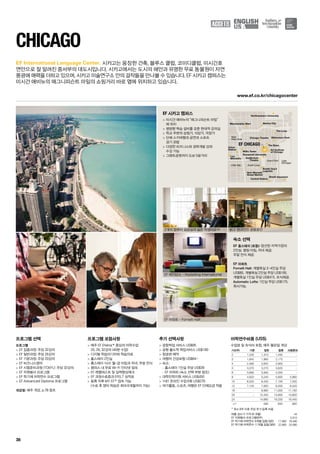 Grant Park Lake
Michigan
Little Italy South Loop
Near
West Side
The Bean
Buddy Guy’s
Legends
Auditorium
Theatre
Millennium Park
Art Institute
of Chicago
Shedd Aquarium
Roosevelt University
Willis Tower
The Loop
Marina City
Chicago Theatre
Merchandise Mart
Northwestern University
New Maxwell
Street Market
Union
Station
Lou
Mitchell’s
Central Station
EF CHICAGO
www.ef.co.kr/chicagocenter
38
EF International Language Center.
Chicago
프로그램 선택
프로그램
 EF 집중과정: 주당 32강의
 EF 일반과정: 주당 26강의
 EF 기본과정: 주당 20강의
 EF 비즈니스영어
 EF 시험준비과정 (TOEFL): 주당 32강의
 EF 자원봉사 프로그램
 EF 학기제 어학연수 프로그램
 EF Advanced Diploma 프로그램
개강일: 매주 개강, p.78 참조
프로그램 포함사항
 매주 EF Efekta™중심의 어학수업	
20, 26, 32강의 (40분 수업)
 디지털 학습미디어와 학습자료
 홈스테이 2인실
 홈스테이 식사: 월-금 아침과 저녁, 주말 전식
 캠퍼스 내 무료 Wi-Fi 인터넷 접속
 EF 레벨테스트 및 실력향상체크
 EF 과정수료증과 EFELT 성적표
 등록 직후 MY EF™접속 가능	
(수료 후 영어 학습은 최대 6개월까지 가능)
추가 선택사항
 공항픽업 서비스 US$95
 공항 출도착 픽업서비스 US$190
 항공편 예약
 여행자 건강보험 US$64~
 숙소:
-- 홈스테이 1인실 주당 US$39
-- EF 아파트 (숙소 선택 부분 참조)
 대학진학지원 서비스 US$450
 1대1 온라인 수업 6회 US$270
 여가활동, 스포츠, 여행은 EF 단체요금 적용
EF 시카고 캠퍼스
 미시건 애비뉴의 “매그니피슨트 마일”
에 위치
 쌍방향 학습 설비를 갖춘 현대적 강의실
 학교 주변의 상점가, 식당가, 극장가
 단체 스키여행과 공연과 스포츠 	
경기 관람
 다양한 비즈니스와 경력개발 강좌 	
수강 가능
 그랜트공원까지 도보 5분거리
숙소 선택
EF 홈스테이 (포함): 엄선된 지역가정의 	
2인실. 평일 아침, 저녁 제공. 	
주말 전식 제공.
EF 아파트
Fornelli Hall: 개별욕실 3~4인실 주당
US$85. 개별욕실 2인실 주당 US$195. 	
개별욕실 1인실 주당 US$415. 조식제공.
Automatic Lofts: 1인실 주당 US$175.
취사가능.
시카고는 웅장한 건축, 블루스 클럽, 코미디클럽, 미시간호
연안으로 잘 알려진 중서부의 대도시입니다. 시카고에서는 도시의 해안과 유명한 무료 동물원이 자연
풍광에 매력을 더하고 있으며, 시카고 미술연구소 안의 걸작들을 만나볼 수 있습니다. EF 시카고 캠퍼스는	
미시건 애비뉴의 매그니피슨트 마일의 쇼핑거리 바로 옆에 위치하고 있습니다.
2개의 컴퓨터 실습실과 넓은 학생라운지
EF 레지던스 - Hostelling International
EF 아파트 - Fornelli Hall
밝고 현대전인 공용공간
여름 성수기 가격 (6~8월) 45
EF 자원봉사 프로그램(8주) 5,810
EF 학기제 어학연수 9개월 집중/일반 17,990 16,490
EF 학기제 어학연수 11개월 집중/일반 22,990 20,990
어학연수비용 (US$)
수업료 및 숙식비 포함, 매주 월요일 개강
기간(주) 기본 일반 집중 시험준비
2 1,230 1,310 1,450 -
3 1,845 1,965 2,175 -
4 2,460 2,620 2,900 -
5 3,075 3,275 3,625 -
6 3,690 3,930 4,350 -
8 4,920 5,240 5,800 5,880
10 6,020 6,420 7,100 7,200
12 7,120 7,600 8,400 8,520
16 - 9,960 11,000 11,160
20 - 12,320 13,600 13,800
24 - 14,680 16,200 16,440
+1* 590 650 660
* 최소 8주 이후 주당 추가 등록 비용
 