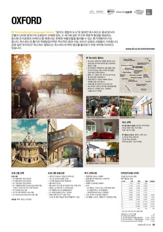 SouthﬁeldlddS
LondonLondon
RiverTham
es
Oxforxfordniversity of Oxniversity of OxUnUUn
r Cr CollegeExeter Cxe
tioon GroundRecreateRe
The Queen’s College Oxford
Brookes
University
Trinity College
Recreation
Ground
University of Oxford
Medical School
Magdalen College
University
Botanic Garden
Town Hall
Trinity College
Bodleian
Library
Museum of
Natural History
Oxford University
Athletics Track
Oxford City
Tennis Club
EF OXFORD
EF Oxford Campus
www.ef.co.kr/oxfordcenter
for the teaching
of English
53
EF International Language Centre.
www.ef.co.kr
프로그램 선택
프로그램
 EF 집중과정: 주당 32강의
 EF 일반과정: 주당 26강의
 EF 기본과정: 주당 20강의
 EF 시험준비과정 (Cambridge 영어시험,
TOEFL,TOEIC,IELTS): 주당 32강의
 EF 인턴쉽 프로그램
 EF 학기제 어학연수 프로그램
 EF Advanced Diploma 프로그램
개강일: 매주 개강, p.78 참조
프로그램 포함사항
 매주 EF Efekta™중심의 어학수업 	
20, 26, 32강의 (40분 수업)
 디지털 학습미디어와 학습자료
 홈스테이 2인실
 홈스테이 식사: 월-금 아침과 저녁, 주말 전식
 캠퍼스 내 무료 Wi-Fi 인터넷 접속
 EF 레벨테스트 및 실력향상체크
 EF 과정수료증과 EFELT 성적표
 등록 직후 MY EF™접속 가능 	
(수료 후 영어 학습은 최대 6개월까지 가능)
추가 선택사항
 공항픽업 서비스 US$65
 공항 출도착 픽업서비스 US$130
 항공편 예약
 여행자 건강보험 US$64~
 숙소:	
- EF 캠퍼스 기숙사 (숙소 선택 부분 참조)	
- EF 공동주택 (p. 26 설명참조) 	
- 대학진학지원 서비스 US$450
 1대1 온라인 수업 6회 US$270
 여가활동, 스포츠, 여행은 EF 단체요금 적용
OXFORD
“꿈꾸는 첨탑의 도시”로 알려진 옥스퍼드는 중세 양식의 	
건물과 신비한 분위기의 교회당이 산재해 있어, 수 세기에 걸친 우수한 학문적 환경을 제공하는 	
동시에 조각공원과 아케이드형 재래시장, 독특한 박물관들을 둘러볼 수 있는 휴가여행지이기도 	
합니다. 옥스퍼드의 활기찬 학생밀집지역은 역사적인 펍과 식당, 빈티지 상점과 서점들이 가득합니다.
공원 같은 부지의 EF 옥스퍼드 캠퍼스는 옥스퍼드의 여러 명소를 둘러보기 쉬운 위치에 자리하고 	
있습니다.
EF 옥스퍼드 캠퍼스
 옥스퍼드 대학교의 저명한 칼리지 근처
공원 같은 부지에 위치한 넓고 현대적인
캠퍼스 건물
 유리천장의 카페테리아, 헬스클럽, 멀티
미디어 강의실, 새로 수리한 강의실을 	
갖춘 새로 단장한 캠퍼스
 평면 TV, 닌텐도 Wii, 탁구대, 당구대 등
을 갖춘 넓은 학생라운지
 연중 BBQ가 가능한 카페와 라운지 	
체어를 갖춘 야외 테라스
 대중교통 정거장까지 도보 5분거리
 웨스트엔드 공연과 뮤지컬 단체관람여행
 맨체스터, 리버풀, 런던, 스톤헨지, 	
더블린 등 단기여행
숙소 선택
EF 홈스테이 (포함): 엄선된 지역가정의 	
2인실. 평일 아침, 저녁 제공. 	
주말 1일 3식 제공.
EF 캠퍼스기숙사: 캠퍼스 내부 숙소. 	
3~4인실 주당 US$140. 	
2인실 주당 US$180. 	
부대시설 공유. 1일 2식제공.
새로 단장한 세련된 캠퍼스
300명을 수용하는 캠퍼스기숙사
EF 캠퍼스기숙사 - Oxford
인터넷카페와 커피숍
여름 성수기 가격 (6~8월) 45
EF 인턴쉽 프로그램(8주) 6,470
EF 학기제 어학연수 9개월 집중/일반 17,490 15,990
EF 학기제 어학연수 11개월 집중/일반 22,490 20,490
EF Advnaced Diploma (IC) 9개월 17,590
어학연수비용 (US$)
수업료 및 숙식비 포함
매주 월요일 개강
기간(주) 기본 일반 집중 시험준비
2 1,420 1,490 1,590 -
3 2,130 2,235 2,385 -
4 2,840 2,980 3,180 -
5 3,550 3,725 3,975 -
6 4,260 4,470 4,770 -
8 5,680 5,960 6,360 6,480
10 6,960 7,300 7,800 7,940
12 8,240 8,640 9,240 9,400
16 - 11,320 12,120 12,320
20 - 14,000 15,000 15,240
24 - 16,680 17,880 18,160
+1* 670 720 730
* 최소 8주 이후 주당 추가 등록 비용
 