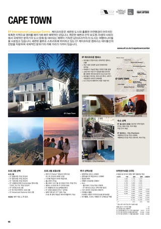 Table mountain
National Park
Sea Point
Green Point
Atlantic Ocean
Green Point Stadium
Two Oceans Aquarium
Cape Town
Railway Station
Signal Hill
Lions Head Cape Peninsula
University of
TechnologyMolteno Reservoir
South Africa
National Gallery
Castle of
Good Hope
Town Hall
EF CAPE TOWN
EF Cape Town
www.ef.co.kr/capetowncenter
66
EF International Language Centre.
프로그램 선택
프로그램
 EF 집중과정: 주당 32강의
 EF 일반과정: 주당 26강의
 EF 기본과정: 주당 20강의
 EF 시험준비과정 (Cambridge 영어시험,
TOEIC, IELTS): 주당 32강의
 EF 인턴쉽 프로그램
 EF 학기제 어학연수 프로그램
 EF Advanced Diploma 프로그램
개강일: 매주 개강, p.78 참조.
프로그램 포함사항
 매주 EF Efekta™중심의 어학수업
20, 26, 32강의 (40분 수업)
 디지털 학습미디어와 학습자료
 홈스테이 2인실
 홈스테이 식사: 월-금 아침과 저녁, 주말 전식
 캠퍼스 내 무료 Wi-Fi 인터넷 접속
 EF 레벨테스트 및 실력향상체크
 EF 과정수료증과 EFELT 성적표
 등록 직후 MY EF™접속 가능
(수료 후 영어 학습은 최대 6개월까지 가능)
추가 선택사항
 공항픽업 서비스 US$40
 공항 출도착 픽업서비스 US$80
 항공편 예약
 여행자 건강보험 US$64~
 숙소:
- 홈스테이 1인실 주당 US$39
- EF 레지던스(숙소 선택 부분 참조)
 1대1 온라인 수업 6회 US$270
 자원봉사 활동 
(자세한 사항은 EF한국지사에 문의바람)
 여가활동, 스포츠, 여행은 EF 단체요금 적용
Cape Town
케이프타운은 세련된 도시와 훌륭한 자연환경이 어우러진
독특한 지역으로 영어를 배우기에 매우 매력적인 곳입니다. 깨끗한 해변과 산악 포도원, 야생의 사파리
에서 국제적인 분위기의 도시 문화 등 대비되는 매력이 가득한 남아프리카의 이 도시는 여행마니아들
을 사로잡고 있습니다. 세련된 클루프 스트리트에 위치하고 있는 EF 케이프타운 캠퍼스는 테이블산의
전망을 자랑하며 국제적인 분위기의 카페 거리가 가까이 있습니다.
EF 케이프타운 캠퍼스
 테이블산 전망의 밝고 현대적인 캠퍼스
건물
 최근 새로 단장한 실내 인테리어와 
강의실
 바베큐가 가능한 햇살 가득한 전용 정원
 쇼핑가와 식당가가 밀집한 롱스트리트
를 비롯한 케이프타운의 도심 도보거리
 테이블산 하이킹, 와이너리 투어, 크루거
국립공원 사파리 단체여행
 도시 최고의 해변까지 차량 15분거리
숙소 선택
EF 홈스테이 (포함): 엄선된 지역가정의 
2인실. 평일 아침, 저녁 제공. 
주말 전식 제공.
EF 레지던스 - City Chambers:
개별욕실 3인실 주당 US$90. 
개별욕실 2인실 주당 US$165. 취사가능.
신선한 메뉴의 카페테리아
EF 레지던스 - City Chambers
EF 레지던스 - City Chambers
에어컨 시설의 컴퓨터실습실과 강의실
여름 성수기 가격 (6~8월) 55
EF 인턴쉽 프로그램(8주) 5,150
EF 인턴쉽 플러스(12+12주) 집중/일반 9,910 9,150
EF 학기제 어학연수 9개월 집중/일반 16,490 14,990
EF 학기제 어학연수 11개월 집중/일반 20,990 18,990
어학연수비용 (US$)
수업료 및 숙식비 포함, 매주 월요일 개강
기간(주) 기본 일반 집중 시험준비
2 1,080 1,140 1,270 -
3 1,620 1,710 1,905 -
4 2,160 2,280 2,540 -
5 2,700 2,850 3,175 -
6 3,240 3,420 3,810 -
8 4,320 4,560 5,080 5,200
10 5,300 5,580 6,220 6,380
12 6,280 6,600 7,360 7,560
16 - 8,640 9,640 9,920
20 - 10,680 11,920 12,280
24 - 12,720 14,200 14,640
+1* 510 570 590
* 최소 8주 이후 주당 추가 등록 비용
 