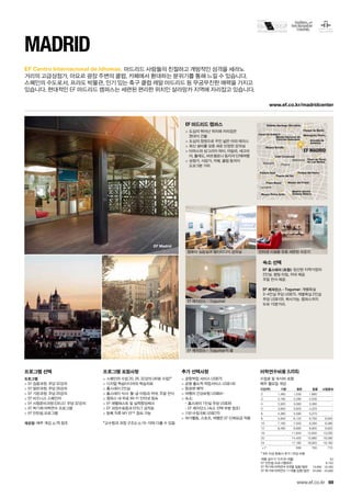 Salamanca
Chueca
La Latina
Malasaña
Museo del PradoPlaza Mayor
Estadio Santiago Bernabéu
Palacio Real
Museo Sorolla
Museo Nacional de
Ciencias Naturales
Parque de Berlin
Puerta del Sol
Café Comercial
Metropolis Teatro
Avenida de
América
Canal de Isabel II
Plaza de Toros
de Las Ventas
Parque del Retiro
Museo Reina Sofía
Madrid Atocha
Railway Station
EF MADRID
EF Madrid
www.ef.co.kr/madridcenter
69
EF Centro Internacional de Idiomas.
www.ef.co.kr
Madrid
프로그램 선택
프로그램
 EF 집중과정: 주당 32강의
 EF 일반과정: 주당 26강의
 EF 기본과정: 주당 20강의
 EF 비즈니스 스페인어
 EF 시험준비과정 (DELE): 주당 32강의
 EF 학기제 어학연수 프로그램
 EF 인턴쉽 프로그램
개강일: 매주 개강, p.78 참조
프로그램 포함사항
 스페인어 수업 20, 26, 32강의 (40분 수업)*
 디지털 학습미디어와 학습자료
 홈스테이 2인실
 홈스테이 식사: 월-금 아침과 저녁, 주말 전식
 캠퍼스 내 무료 Wi-Fi 인터넷 접속
 EF 레벨테스트 및 실력향상체크
 EF 과정수료증과 EFELT 성적표
 등록 직후 MY EF™접속 가능
*교수법과 과정 구조는 p.10-19와 다를 수 있음
추가 선택사항
 공항픽업 서비스 US$75
 공항 출도착 픽업서비스 US$145
 항공편 예약
 여행자 건강보험 US$64~
 숙소:	
- 홈스테이 1인실 주당 US$39	
- EF 레지던스 (숙소 선택 부분 참조)
 1대1수업 6회 US$270
 여가활동, 스포츠, 여행은 EF 단체요금 적용
EF 마드리드 캠퍼스
 도심의 뛰어난 위치에 자리잡은 	
현대식 건물
 도심의 정원으로 꾸민 넓은 야외 테라스
 최신 설비를 갖춘 새로 단장한 강의실
 타파스와 상그리아 파티, 아빌라, 세고비
아, 톨레도, 바르셀로나 등지의 단체여행
 상점가, 식당가, 카페, 클럽 등까지 	
도보 5분 거리
숙소 선택
EF 홈스테이 (포함): 엄선된 지역가정의 	
2인실. 평일 아침, 저녁 제공. 	
주말 전식 제공.
EF 레지던스 - Togumar: 개별욕실 	
3~4인실 주당 US$75. 개별욕실 2인실 	
주당 US$105. 취사가능. 캠퍼스까지 	
도보 15분거리.
마드리드 사람들의 친절하고 개방적인 성격을 세라노 	
거리의 고급상점가, 마요르 광장 주변의 클럽, 카페에서 환대하는 분위기를 통해 느낄 수 있습니다. 	
스페인의 수도로서, 프라도 박물관, 인기 있는 축구 클럽 레알 마드리드 등 무궁무진한 매력을 가지고
있습니다. 현대적인 EF 마드리드 캠퍼스는 세련된 편리한 위치인 살라망카 지역에 자리잡고 있습니다.
컴퓨터 실습실과 멀티미디어 강의실
EF 레지던스 - Togumar
EF 레지던스 - Togumar의 룸
인터넷 시설을 갖춘 세련된 라운지
어학연수비용 (US$)
수업료 및 숙식비 포함
매주 월요일 개강
기간(주) 기본 일반 집중 시험준비
2 1,460 1,530 1,690 -
3 2,190 2,295 2,535 -
4 2,920 3,060 3,380 -
5 3,650 3,825 4,225 -
6 4,380 4,590 5,070 -
8 5,840 6,120 6,760 6,840
10 7,160 7,500 8,280 8,380
12 8,480 8,880 9,800 9,920
16 - 11,640 12,840 13,000
20 - 14,400 15,880 16,080
24 - 17,160 18,920 19,160
+1* 690 760 770
* 8주 이상 등록시 추가 1주당 비용
여름 성수기 가격 (6~8월) 50
EF 인턴쉽 프로그램(8주) 6,750
EF 학기제 어학연수 9개월 집중/일반 19,990 18,490
EF 학기제 어학연수 11개월 집중/일반 25,690 23,690
 