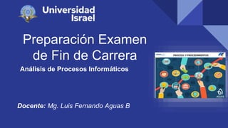 Preparación Examen
de Fin de Carrera
Análisis de Procesos Informáticos
Docente: Mg. Luis Fernando Aguas B
 