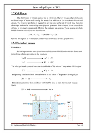 Internship Report of SCIL
By Muhammad Sajid U.E.T Lahore Page 14
2.7 Cell Room:
The electrolysis of brine is carried out in cell room. The key process of electrolysis is
the interchange of atoms and ions by the removal or addition of electrons from the external
circuit. The required products of electrolysis are in some different physical state from the
electrolyte and can be removed by some physical processes. For example, in the electrolysis
of brine to produce hydrogen and chlorine, the products are gaseous. These gaseous products
bubble from the electrolyte and are collected.
2NaCl + 2 H2O → 2NaOH + H2 + Cl2
General description of Membrane Cell Process is mentioned in table given below:
2.7.1 Electrolysis process
Reactions:-
Following reactions takes place in the cells Sodium chloride and water are dissociated
in the brine solution according to the equations
NaCl Na+
+ Cl-
H2O H+
+ OH-
The principal anode reaction involves the oxidation of the anion Cl-
to produce chlorine gas
2Cl-
Cl2 + 2e-
The primary cathode reaction is the reduction of the cation H+
to produce hydrogen gas
2H+
+ 2e-
H2
The sodium cation Na+ then combines with the OH- ions to form third overall product
NaOH
Na+
+ OH- NaOH
 