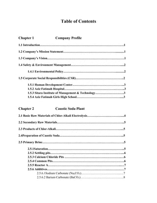 Table of Contents
Chapter 1 Company Profile
1.1 Introduction……………………………………………………………………….1
1.2 Company’s Mission Statement……………………………………………...........1
1.3 Company’s Vision…………………………………………………………………1
1.4 Safety & Environment Management………………………………………….....2
1.4.1 Environmental Policy……………………………………………...........2
1.5 Corporate Social Responsibilities (CSR)………………………………………..2
1.5.1 Human Development Center…………………………………………...3
1.5.2 Aziz Fatimah Hospital…………………………………………………..3
1.5.3 Sitara Institute of Management & Technology……………………….3
1.5.4 Aziz Fatimah Girls High School…………………………………….....3
Chapter 2 Caustic Soda Plant
2.1 Basic Raw Materials of Chlor-Alkali Electrolysis……………………………....4
2.2 Secondary Raw Materials………………………………………………………...5
2.3 Products of Chlor-Alkali………………………………………………………....5
2.4Preparation of Caustic Soda……………………………………………………...5
2.5 Primary Brine……………………………………………………………………..5
2.5.1Saturation………………………………………………………………...5
2.5.2 Settling pits……………………………………………………………....6
2.5.3 Calcium Chloride Pits ……………………………………………….…6
2.5.4 Common Pits…………………………………………………………….6
2.5.5 Reactor A……………………………………………………………...…7
2.5.6 Additives…………………………………………………………………7
2.5.6.1Sodium Carbonate (Na2CO3)………………………………..….7
2.5.6.2 Barium Carbonate (BaCO3)……………………………………8
 