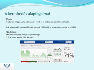 A kereskedés alapfogalmai
Tőzsde
Az a koncentrált piac, ahol találkoznak a vevők és az eladók, szervezett keretek között.
Bináris opciónak is már saját tőzsdéje van, már Trillió dolláros forgalmat jegyeznek. Ez a NADEX
Tőzsdeindex
A kosárba tartozó részvények súlyozott átlaga.
Pl: Dow Jones, Nasdaq, S&P 500, DAX
 