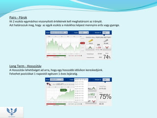 Pairs - Párok
Itt 2 eszköz egymáshoz viszonyított értékének kell meghatározni az irányát.
Azt határozzuk meg, hogy az egyik eszköz a másikhoz képest mennyire erős vagy gyenge.
Long Term - Hosszútáv
A Hosszútáv lehetőséget ad arra, hogy egy hosszabb idősíkon kereskedjünk.
Felvehet pozíciókat 1 napostól egészen 1 éves lejáratig.
 