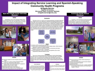printed by
www.postersession.com
Impact of Integrating Service Learning and Spanish-Speaking
Community Health Programs
Bridgette Bernier
Spanish & Nursing
Minnesota State University, Mankato
bridgette.bernier@mnsu.edu
WITH
Method
I participated in a three week Community Health Clinical
Rotation along with three other nursing students. I was the only
bilingual member of the team. The clinical experience consisted
of working in a makeshift clinic sixteen hours per week,
community outreach programs, and community education.
Method
I completed a 32 hour internship at the Open Door Health
Center (ODHC) where over 33% of the patient population is
Spanish-speaking. I prepared for this internship through
supervised study of Spanish medical terminology. During the
internship I shadowed a Mexican-trained nurse/interpreter.
Introduction
This project reviews two unique service learning opportunities developed at Minnesota
State, Mankato and how these opportunities integrated second language Spanish skills and
nursing skills. The first program I participated in was a community health experience through
the School of Nursing which allowed select students to complete their Community Health
Rotation in Guaimaca, Honduras. The second program was an individualized pilot-project in
the area of community health in Mankato. My Spanish service-learning project was to prepare
for and participate in a service learning experience at Open Door Health Center in Mankato,
MN. The purpose of this research project was to examine the impact of these two service
learning and multi-disciplinary experiences that have recently been implemented on our
campus.
Impact
 Provided a real life, pre-professional experience
 Provided a means to develop and practice specific language, jargon, cultural interaction
appropriate to nursing in the Spanish language
 Expanded my worldview by exposing me to diverse socioeconomic and cultural
perspectives and issues in the U.S. and abroad
 Provided an opportunity to reflect on interaction with populations who are often
marginalized by traditional healthcare systems
Conclusion
These service learning experiences have demonstrated a need for skilled bilingual
individuals who have can both provide resources and provide relief efforts in developing
countries. There is an increased need for bilingual nurses and bilingual Latino nurses.
Bilingual nurses would decrease the need for interpreters and increase patient satisfaction.
Bilingual Latino nurses would be better able to relate to Spanish-speaking patients and their
cultures.
Activities
 Practiced and observed complex medical interpreting in a
professional setting
Interacted with patients under the supervision the interpreter
 Assisted with assessment of patients
Translated documents
Helped present and promote the clinic’s programs and bilingual
services during a booth exhibition at the Latina Mother-
Daughter Conference
Activities
Provided basic health care to the of Guaimaca and the surrounding
villages
Rural home visits: scoliosis screening, distributed vitamins,
wound care, educated about scabies and lice
Developed, adapted, and presented educational TV programs in
Spanish on the city’s local TV station
Interpreted for patients and other students
Educated high school seniors in basic health care
 Observed the Public Health Center and Teaching Hospital
Experienced providing health care at its most basic level
Acknowledgements
I would like to thank Regina Smith for making the
community health clinical rotation in Honduras possible. I
would also like to thank Olga Ortiz and all the staff at the
Open Door Health Center for facilitating my internship.
Lastly, I would like to thank my mentor Dr. Kimberly
Contag who supported me during this project.
References
Keen, C. & Hall, K. (2009). Engaging with Difference Matters: Longitudinal
Student Outcomes of Co-Curricular Service-Learning Programs. Journal of
Higher Education. 80(1), 59-79. Retrieved April 2, 2009 from EBSCOhost
database.
Diambra, J., McClam, T., Fuss, A., Burton, B., & Fudge, D. (2009). Using a
Focus Group to Analyze Students’ Perceptions of a Service-Learning Project.
College Student Journal. 43(1). Retrieved April 2, 2009 from EBSCOhost
database.
Community Health Clinical
~Honduras~
Open Door Health Center Internship
~Mankato~
SERVICE
LEARNING
Promotes
transition from
the classroom
to the real
world
Reciprocal
Benefit for
both Client
and Student
Links Theory
with Practice
Personal
Growth and
learning
 