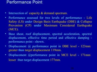 38
Performance Point
• Intersection of capacity & demand spectrum.
• Performance assessed for two levels of performance - ...